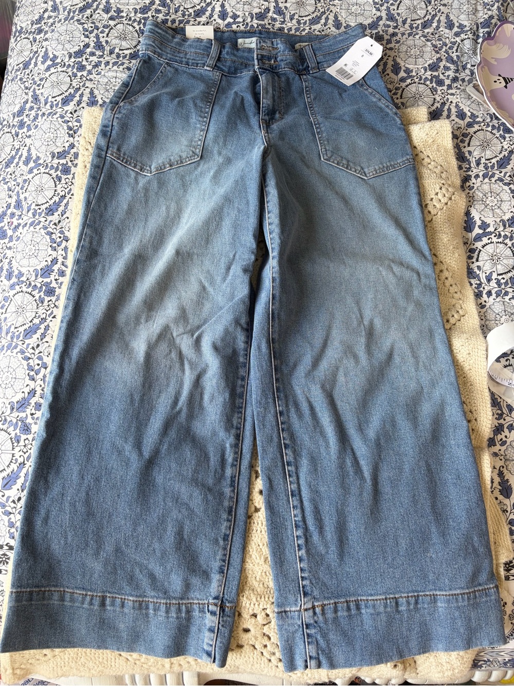 NWT Wonderly Wide Leg High-Rise Blue Denim Jeans full length rtl $74.50 denim